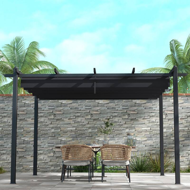Outsunny 10' x 12' Retractable Pergola Canopy, Wood Grain Aluminum Pergola, Outdoor Sun Shade Shelter for Grill, Garden
