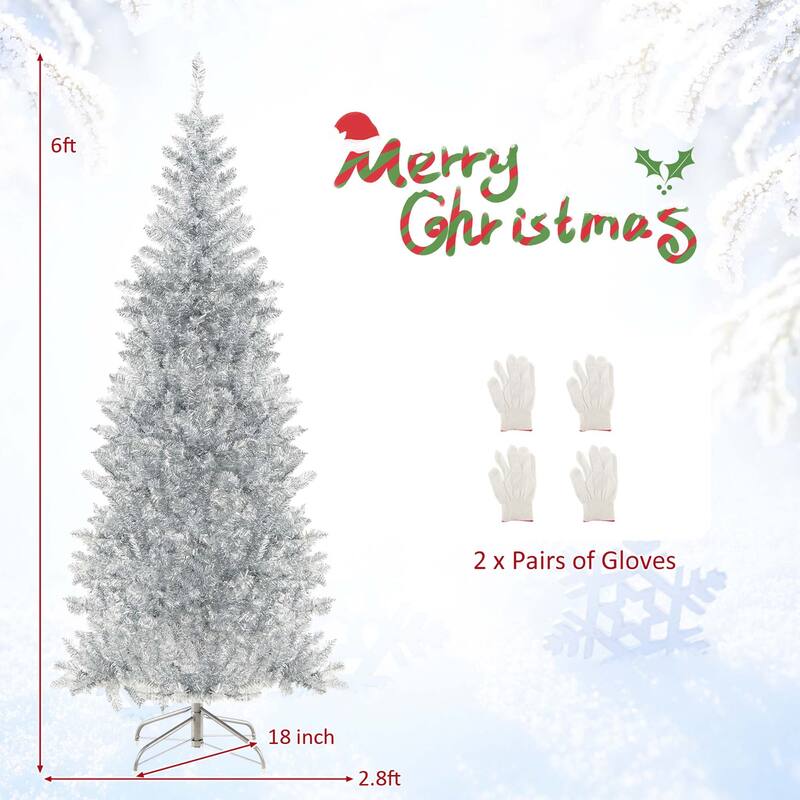 6/7FT Pre-lit Artificial Silver Tinsel Xmas Tree w/ 300/400 LED Lights - 6 Foot