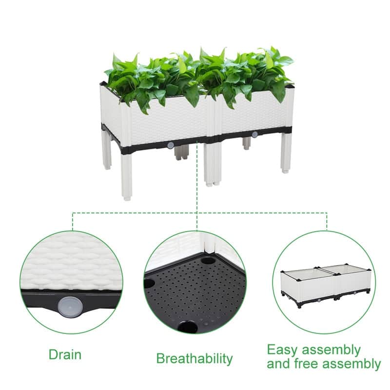 Set of 2 White Indoor & Outdoor Plastic Raised Garden Planters Box - N/A