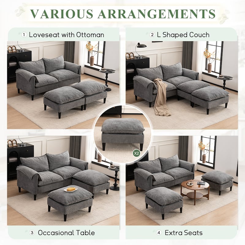 Cloud Loveseat Sofa & Storage Ottomans Set, Sleeper Sectional Sofa Bed with Chaise Lounge, Widen Armrests and Slipcovered