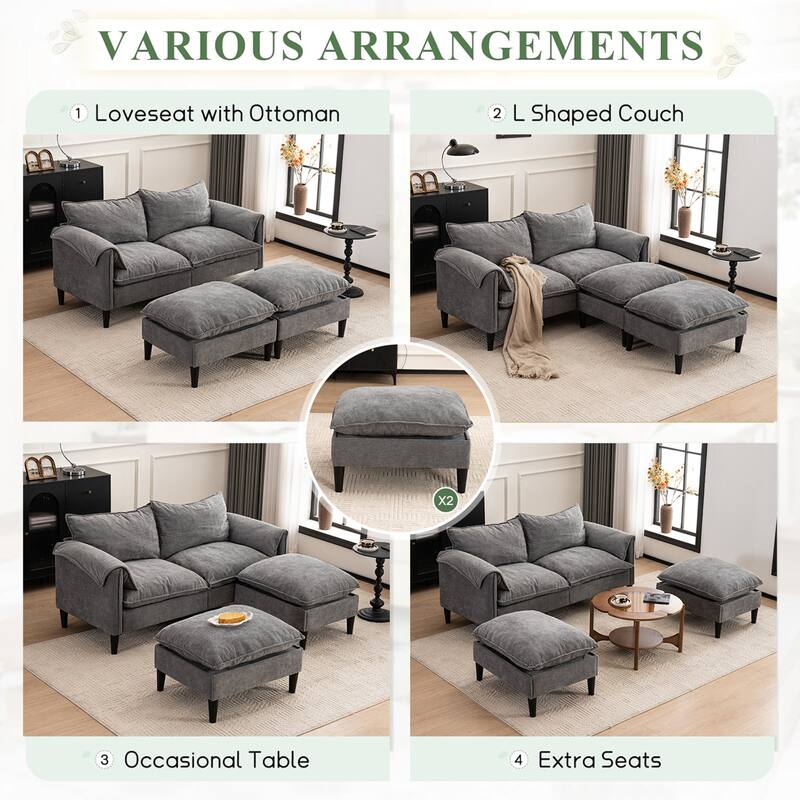Convertible U-Shaped Sofa with Footstools and Storage, Gray, 2-Seater for Living Room/C Bedroom/Office/Small Space