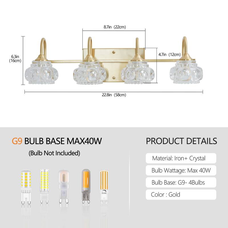 23" Modern Crystal Bathroom Vanity Light, 4-Light Wall Sconce with Clear Glass Shade, Elegant Wall Mount Lighting for Bathroom