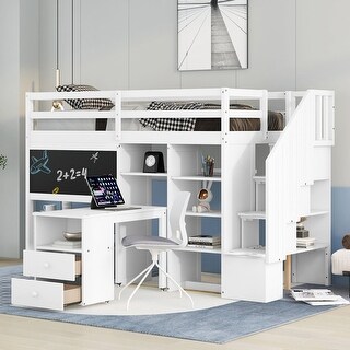 White Twin Size Pinewood Loft Bed with Pullable Desk, Shelves, Storage Staircase, and Blackboard