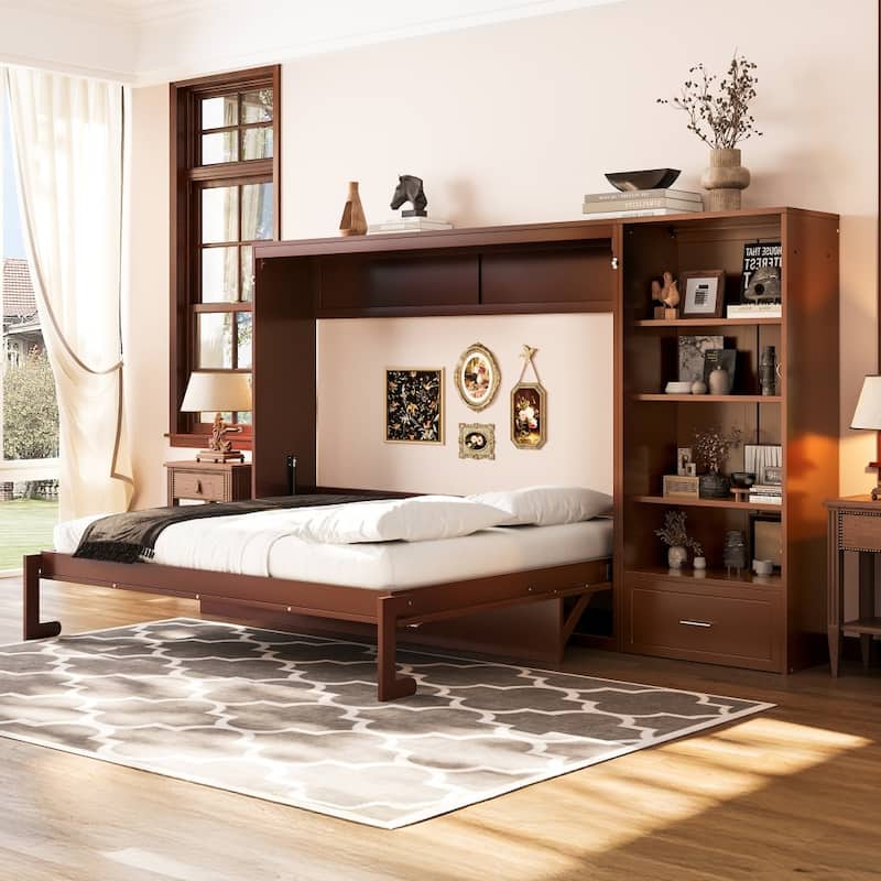 Queen Size Foldable Murphy Bed with Drawer and Adjustable Storage Compartments