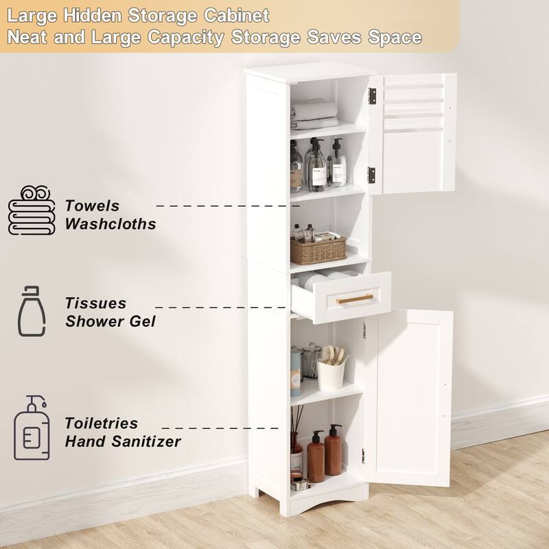 Tall Bathroom Floor Storage Cabinet withDrawer, Narrow Slim Freestanding Cabinet with 5 Adjustable Height Shelf