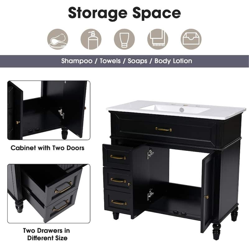 36" Bathroom Vanity with Sink,Drawers, Solid Frame and MDF Board
