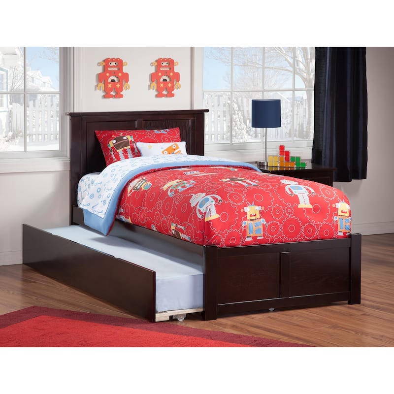Twin Size Platform Bed with Trundle - Espresso Finish, Modern Design, Space Saving Furniture