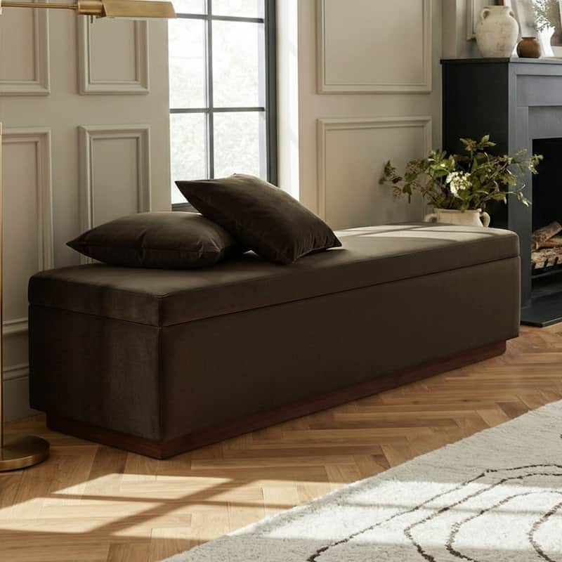 60" Wide Mid-Century Velvet Storage Bench With Solid Wood Base