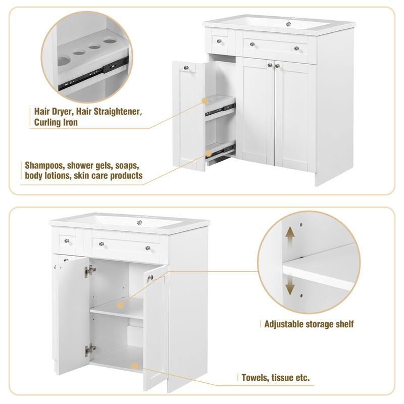 Single Sink 30" Bathroom Vanity with Combo Cabinet and Storage - White