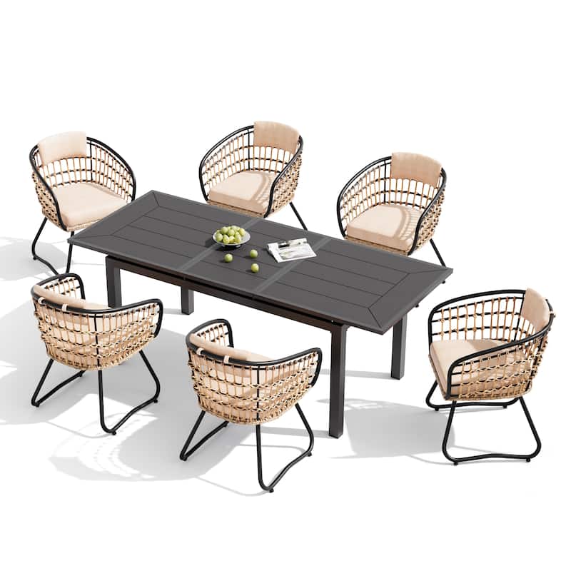 7PC Pellebant Outdoor Patio Aluminum Expandable Dining Set Table WPC Top with Rattan Chairs