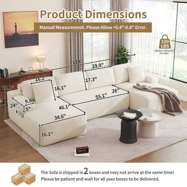 128" Cloud Sectional Couch with Chaise Lounge, No Assembly Required U Shaped Modular Modern Sofa with Plush Corduroy