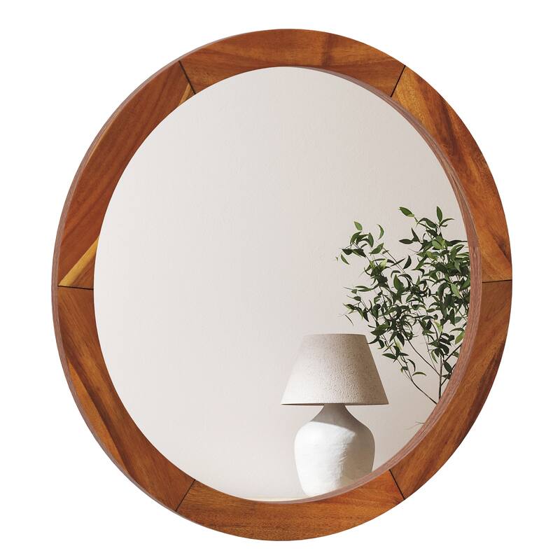 Gymax 27'' x 27'' Rustic Wall Mounted Decorative Mirror w/Solid Acacia - Brown