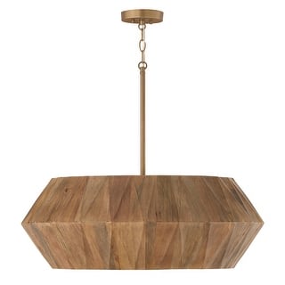 29" W x 11" H 6-Light Pendant in Hand-distressed Patinaed Brass and Handcrafted Mango Wood - 29"W x 11"H