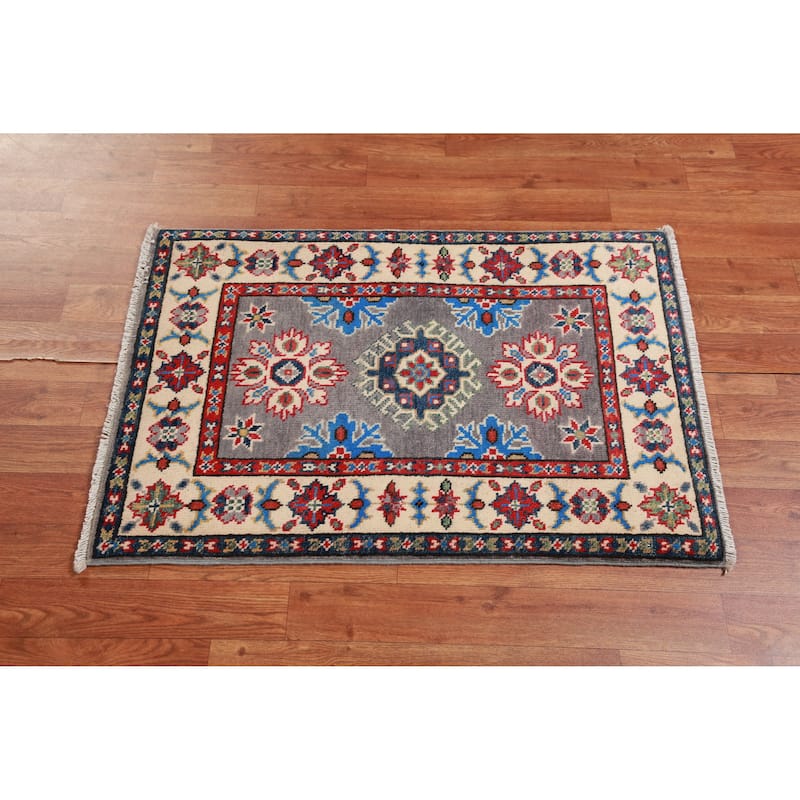 Traditional Gray Kazak Oriental Foyer Rug Hand-Knotted Wool Carpet - 2'0"x 3'0"