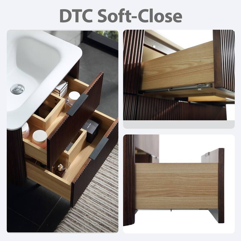 Modland Fluted Floating Vanity with Sink, Plywood Wall Mount Cabinet, Curved Edge, 24/30/36 Inch