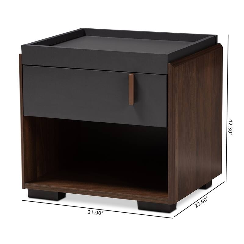 Rikke Modern and Contemporary Two-Tone Gray and Walnut Finished Wood 1-Drawer Nightstand - Dark Grey