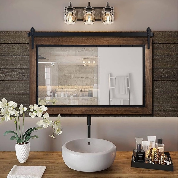 Wooden bathroom mirror with light sale