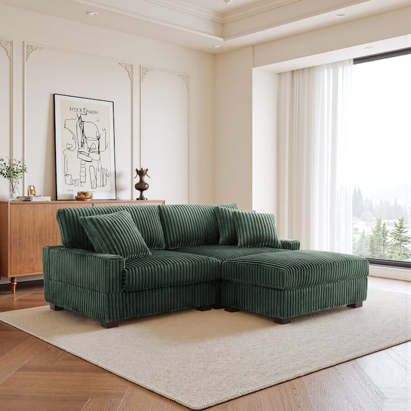 79" W Upholstered Plush Corduroy Sectional Modular Sofa with Ottoman