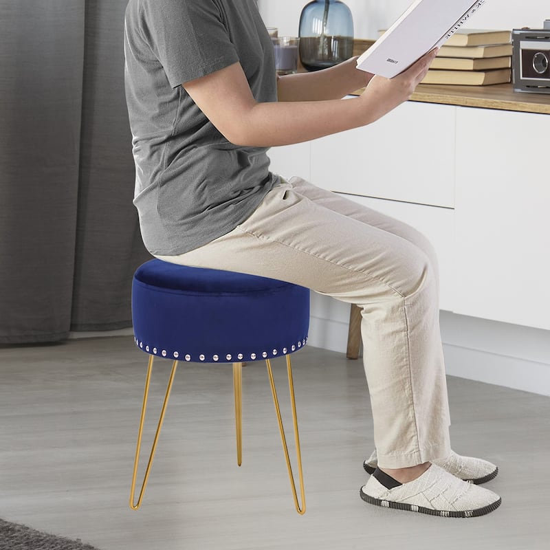 Adeco Footstool Round Ottoman Velvet Dressing Stool Gold Metal Legs