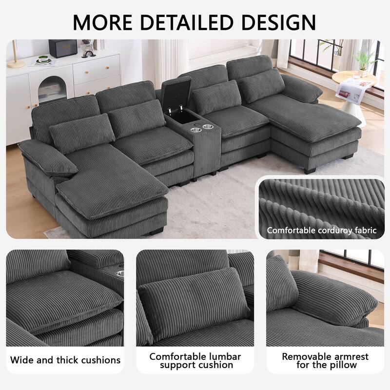 124" Modern Modular Sofa with Double Recliner and USB Port with Center Console