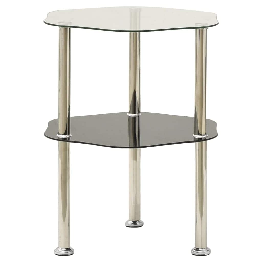 vidaXL 2-Tier Side Table Transparent & Black 15"x15"x19.7" Tempered Glass - 15" x 15" x 19.7"