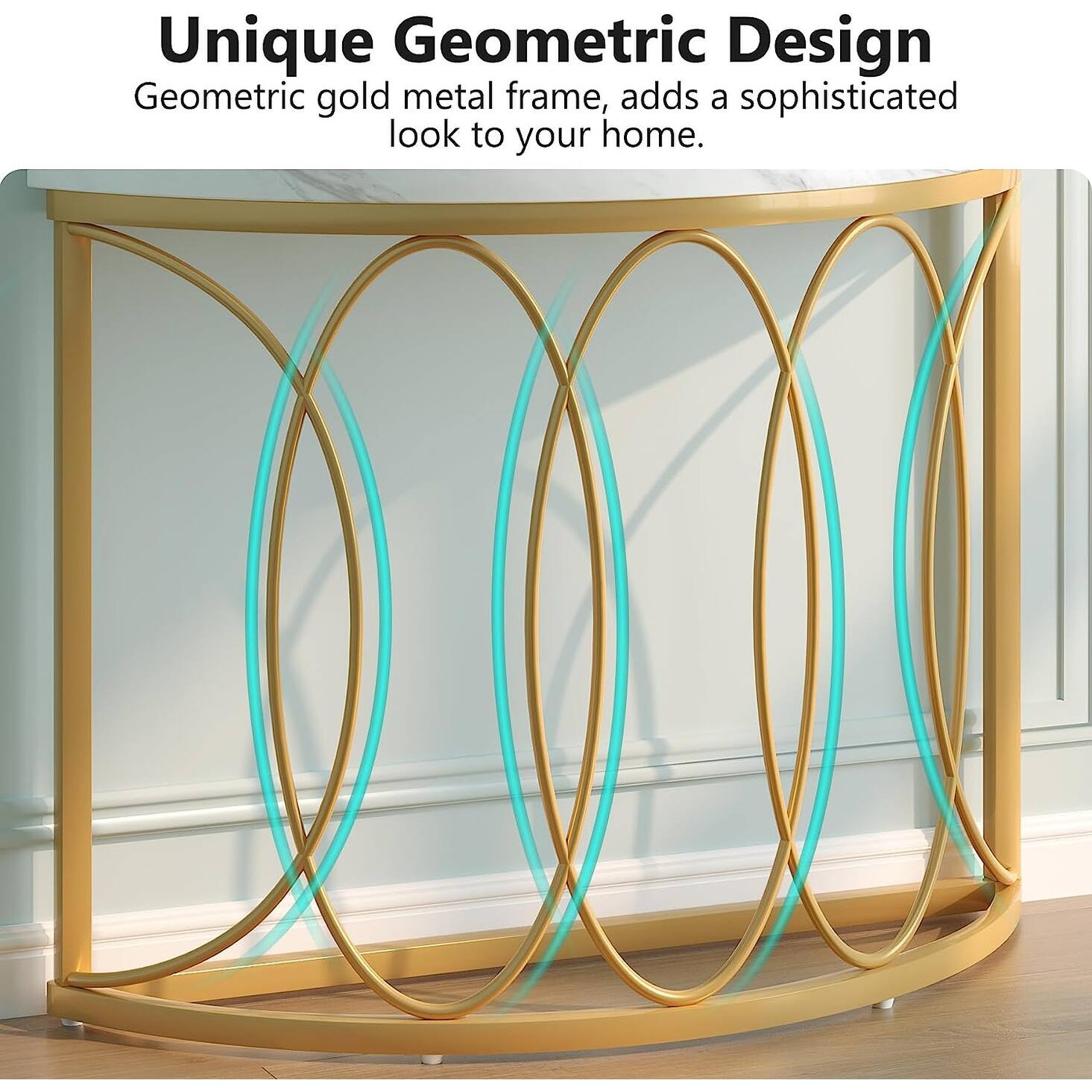 Half Moon Gold Console Table, 43 Inch Modern Faux Marble Entryway Table