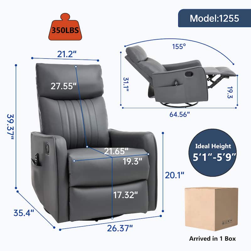 Leather Heat Massage Manual Recliner Chair with Rocker and Swivel in Fabric for Living Room