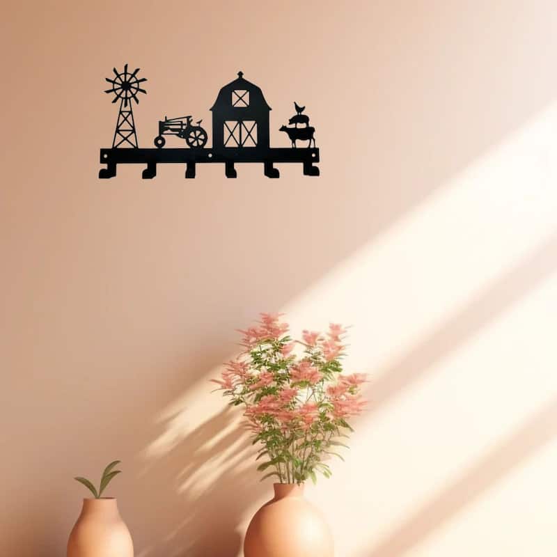 Black Metal Wall-Mounted Towel Hook Rack 6 Hooks Space-Saving Bathroom Storage Organizer - 11.57”L x 6.02”H