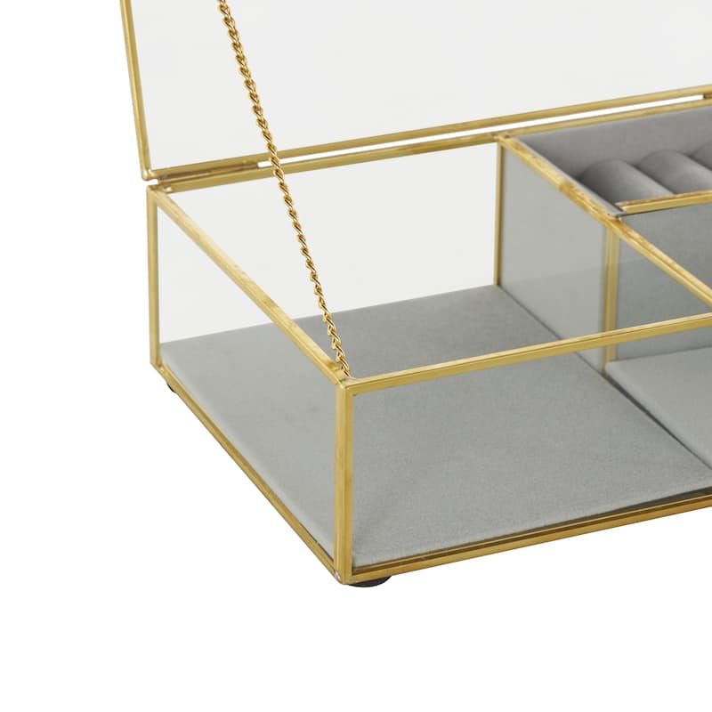 Glass Decorative Jewelry Box with Gold Metal Frame and Gray Fabric Interior with Ring Slots - Clear - Roche River Decor