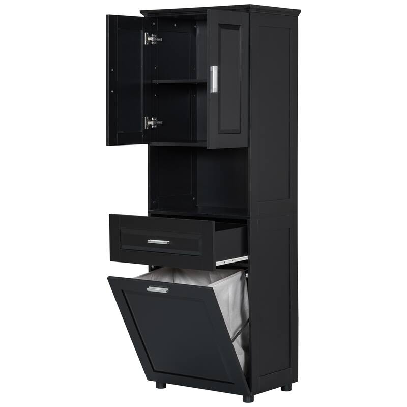 Roomfitters Tall Bathroom Cabinet with Tilt-Out Laundry Basket and Upper Storage Compartment Large Organizer