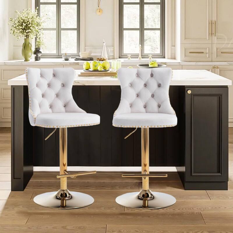 Velvet Upholstered Nailheads Tufted Swivel Bar Stools (Set of 2)