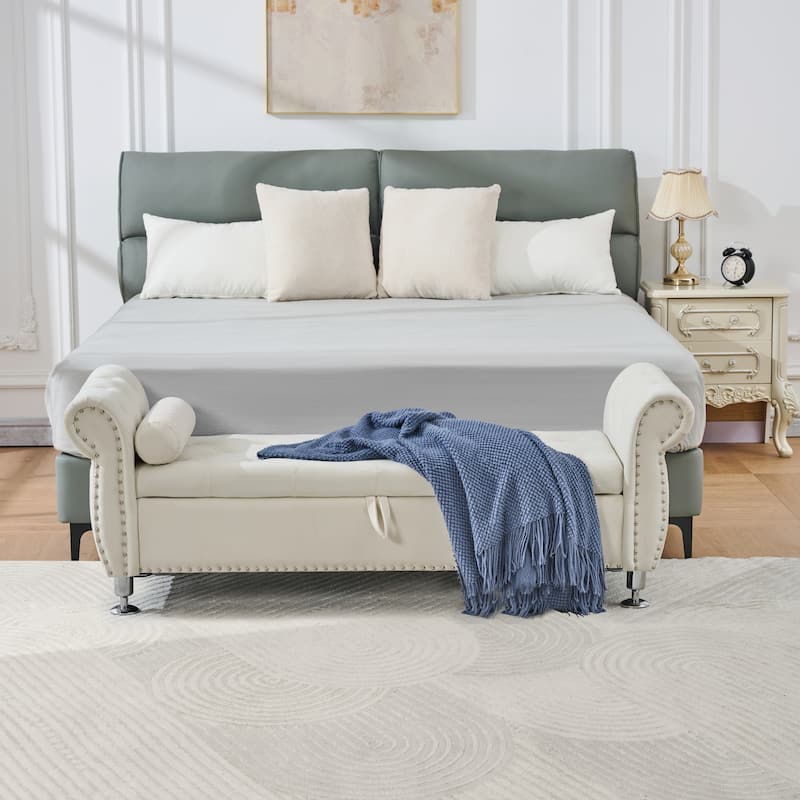 Velvet Storage Bench End of Bed Bench with Crystal Buttons, Vanity Bench Beige Leisure Bench Accent Bench with 1 Pillow - Beige