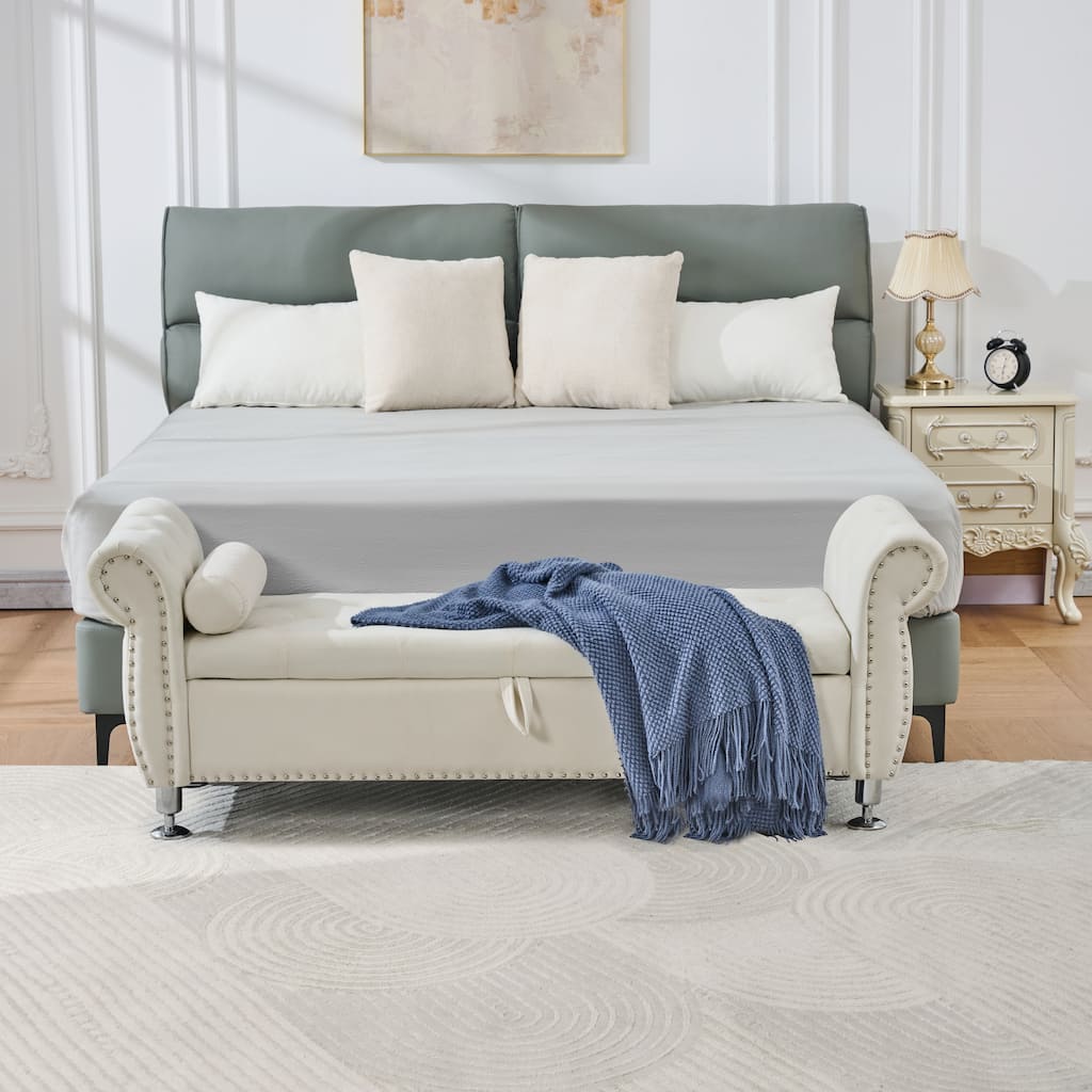 Velvet Storage Bench End of Bed Bench with Crystal Buttons, Vanity Bench Beige Leisure Bench Accent Bench with 1 Pillow