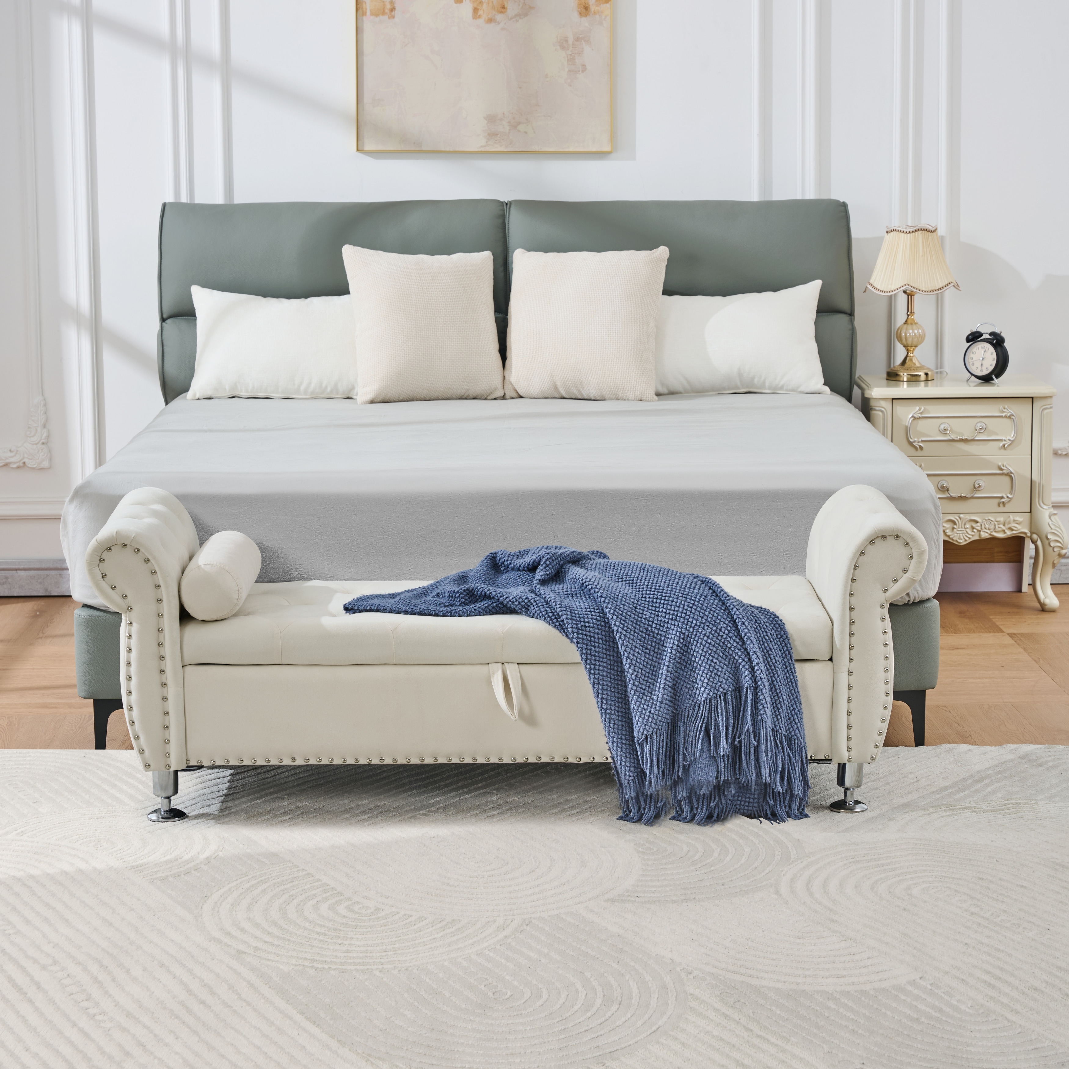 Velvet Storage Bench End of Bed Bench with Crystal Buttons, Vanity Bench Beige Leisure Bench Accent Bench with 1 Pillow