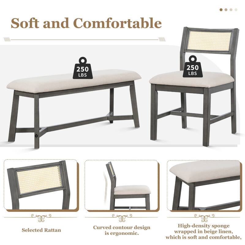 6-piece Retro Farmhouse Style Dining Set, Rectangular Table and 4 Upholstered Chairs with Rattan and Bench