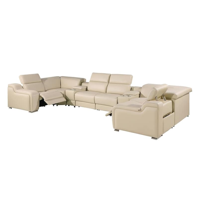 HomeRoots Beige Italian Leather Power Reclining U Shaped Eight Piece Corner Sectional With Console