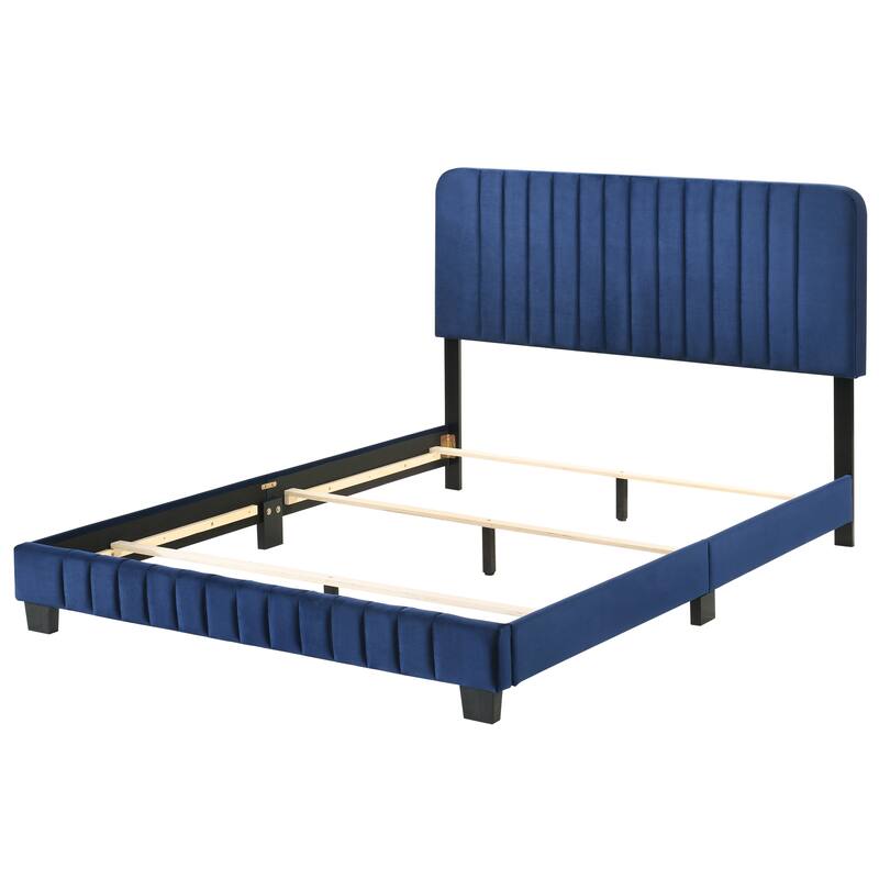 Modern Navy Blue Full Bed with Velvet Upholstery and Wooden Legs