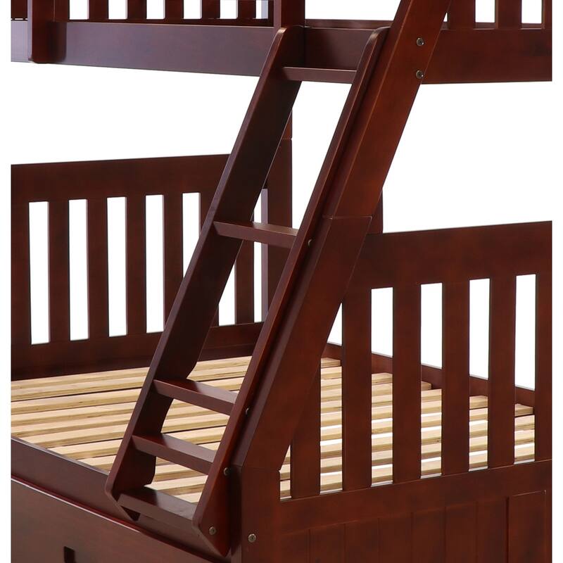 Twin Over Full Bunk Bed with Storage - Solid Pine Wood Frame - Merlot Finish - HomeStock