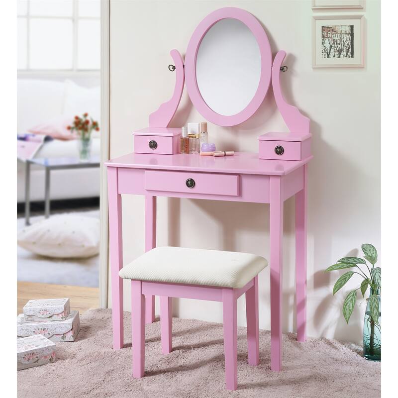 Wood Makeup Vanity Table and Stool Set - Pink