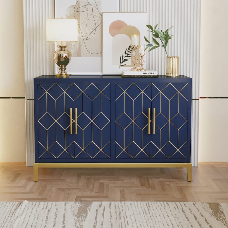 4 Doors Sideboard Buffet Cabinet with Gold Trim - Blue