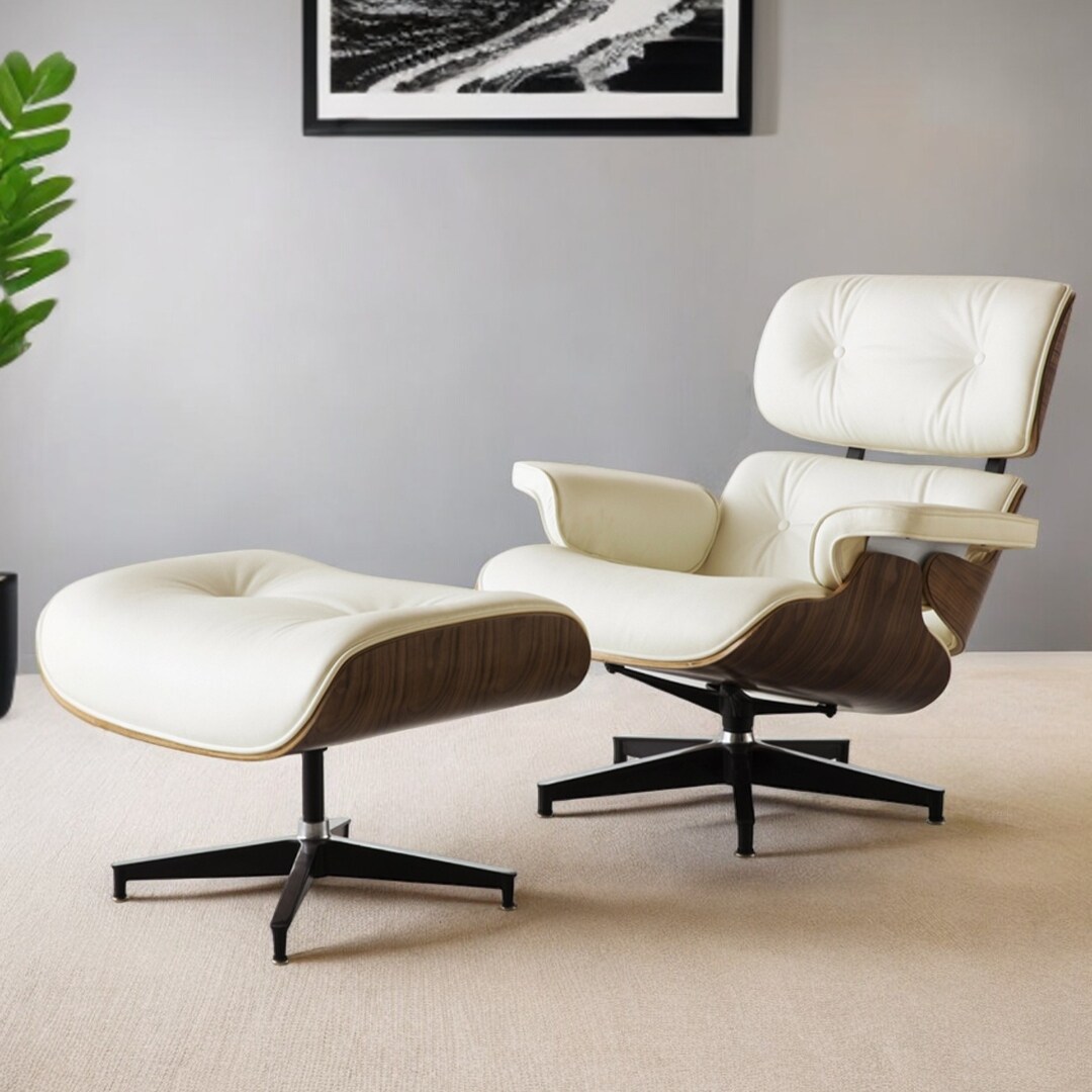 HomeRoots 35" Beige and Dark Brown Genuine Leather Tufted Swivel Lounge Chair With Ottoman - 34.60 in. x 33.00 in. x 34.20 in.