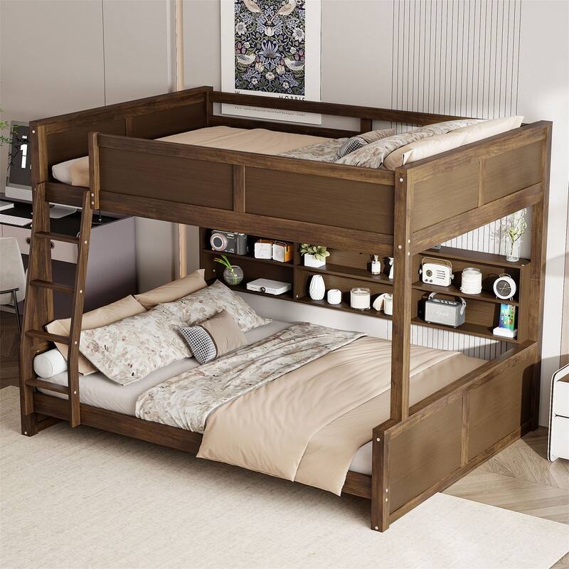 Twin XL over Queen/Full XL over Queen Bunk Bed with Storage Cabinets and USB Ports, Solid Wood Bunk Bedframe w/ Storage Shelves - Full XL over Queen - Antique Wood