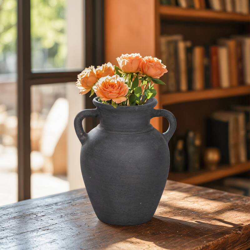 Handcrafted Terracotta Pottery Vase with Amphora Shape and Handles - Black - 8" x 7" x 9"