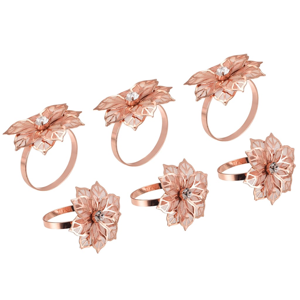 Napkin Rings, 6pcs 38mm ID Alloy Hollow Flower Napkin Buckles, Rose Gold