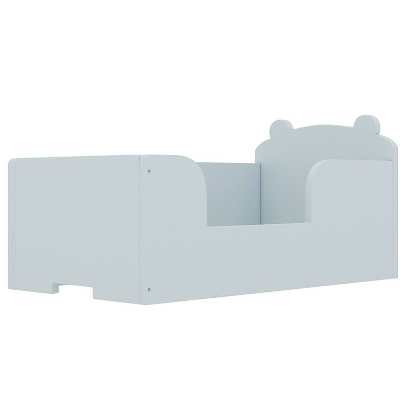 Toddler Floor Bed with Bear-shaped Headboard and Rounded Corners Guardrails for Ages 3-6, Open Baby Platform Bed Frame