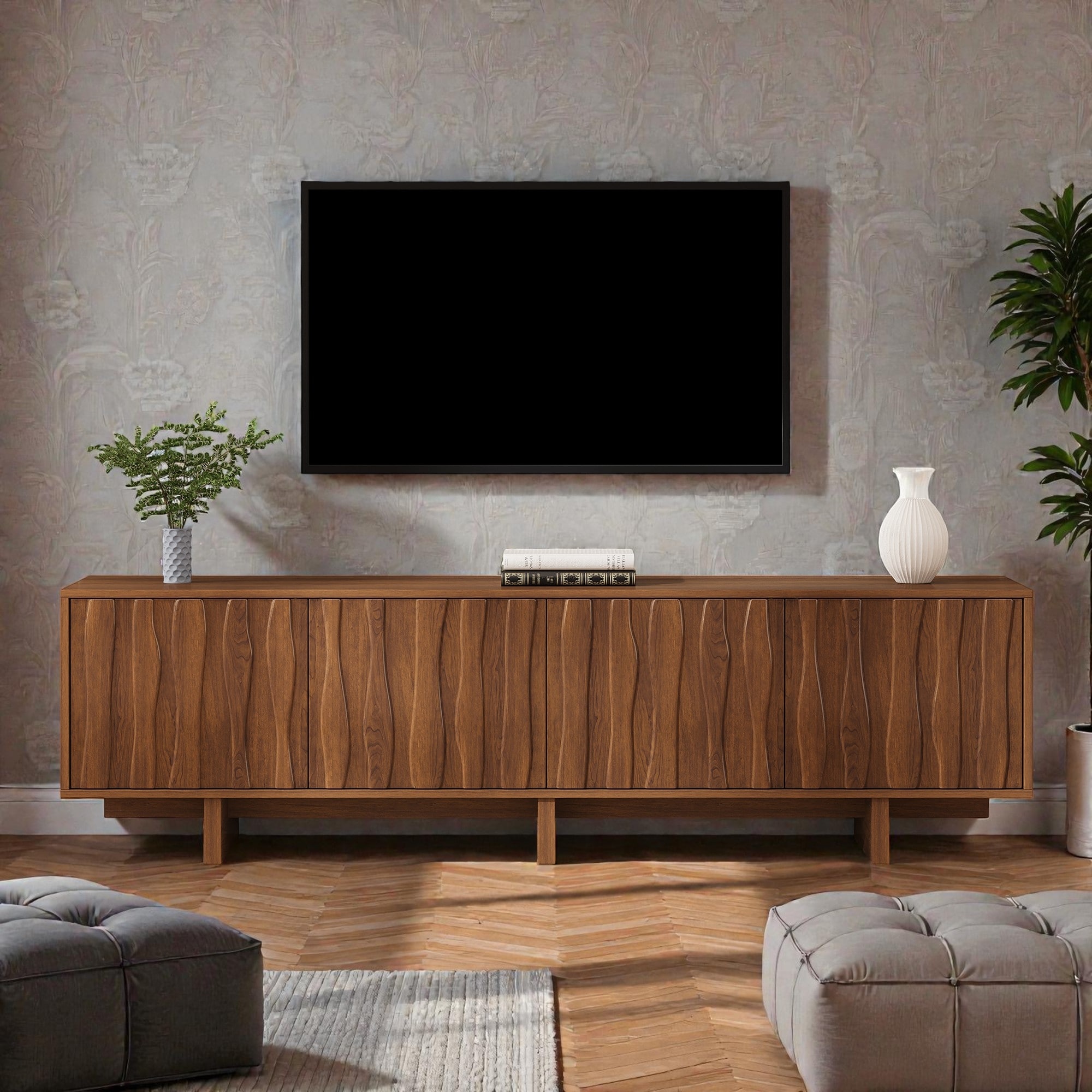 Retro Wood Grain TV Stand with Wavy Doors, Rustic Media Console for TVs up to 75", Storage Cabinet