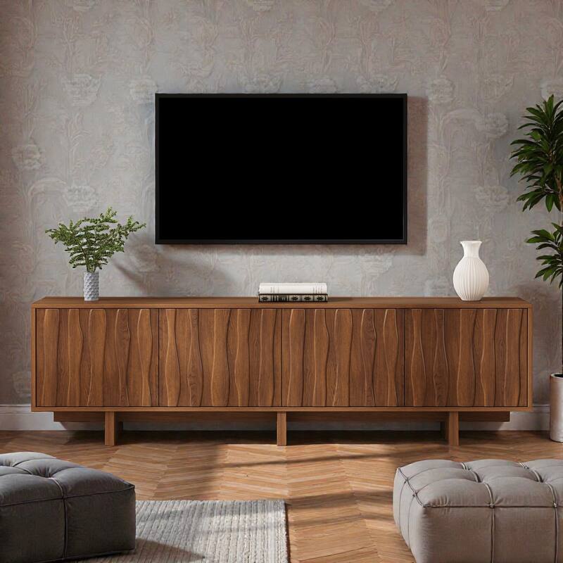 Retro Wood Grain TV Stand with Wavy Doors, Rustic Media Console for TVs up to 75", Storage Cabinet - Walnut