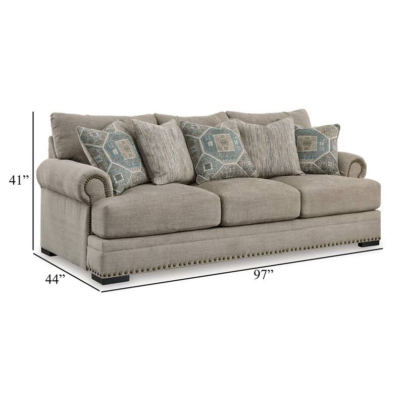 Golo Sofa, 5 Accent Pillows, 97 Inch Taupe Gray Fabric, Nailhead Trim