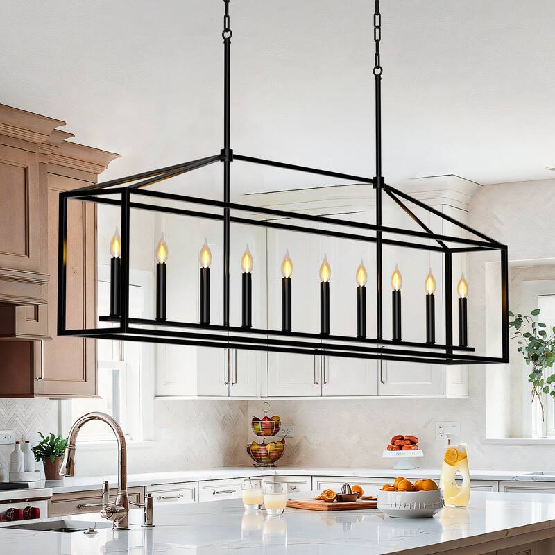 10-Light Rectangular Kitchen Island Chandelier Black Adjustable Farmhouse Pendant Light with Open Frame Design - 78.74