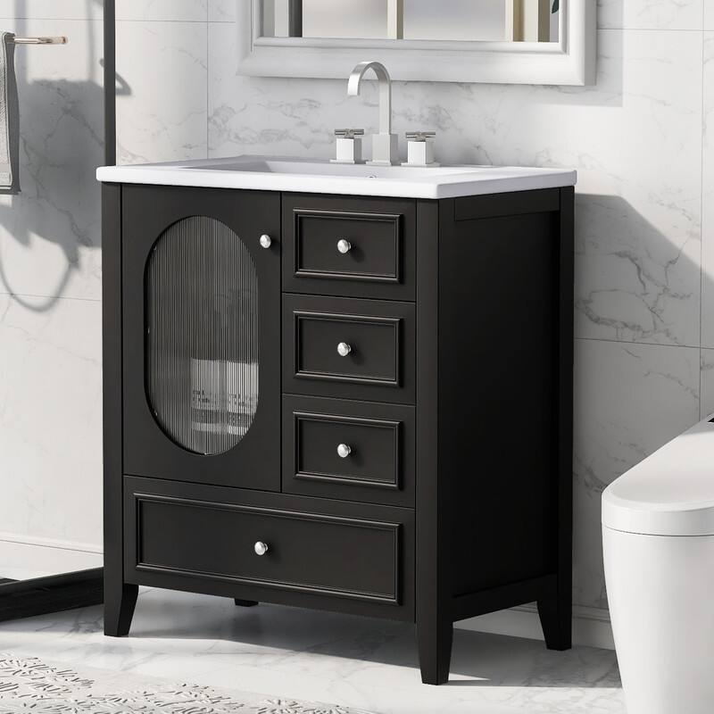 30" Stylish Bathroom Vanity with Sink, Bathroom Storage Cabinet with 3 Drawers, Solid Wood Frame and Glass Door - Black